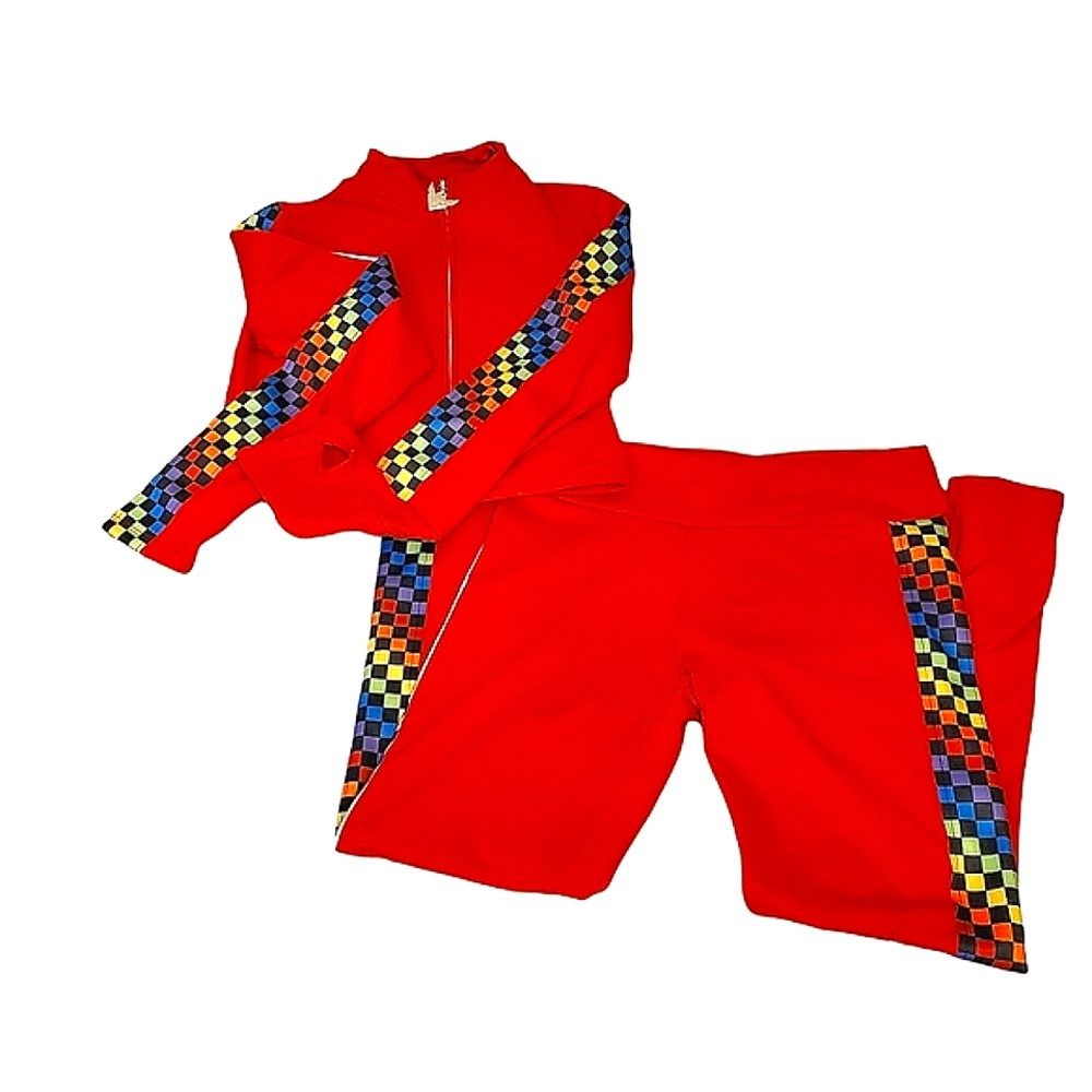JEWEL HOUSE | Women's (Juniors) red with rainbow checkered stripe track suit.